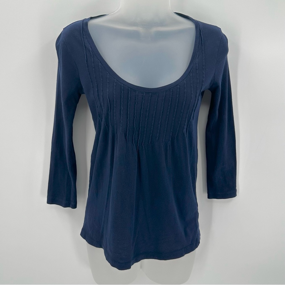 3/$15 J. Crew Pintuck Tee Womens XXS 3/4 Sleeve Top Navy Blue Cotton READ